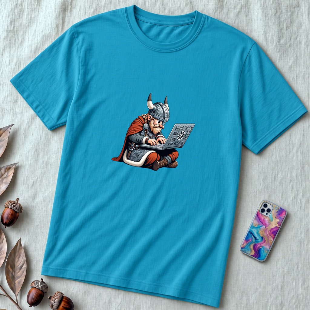 Unisex t-shirt coding Viking, Valhalla laptop tee - Aqua unfolded t-shirt mockup