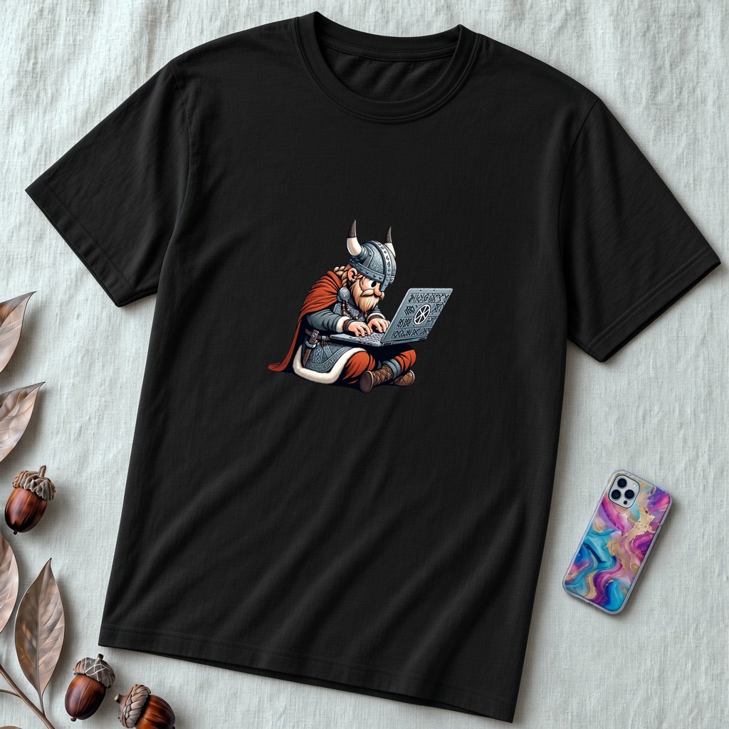 Unisex t-shirt coding Viking, Valhalla laptop tee - Black unfolded t-shirt mockup