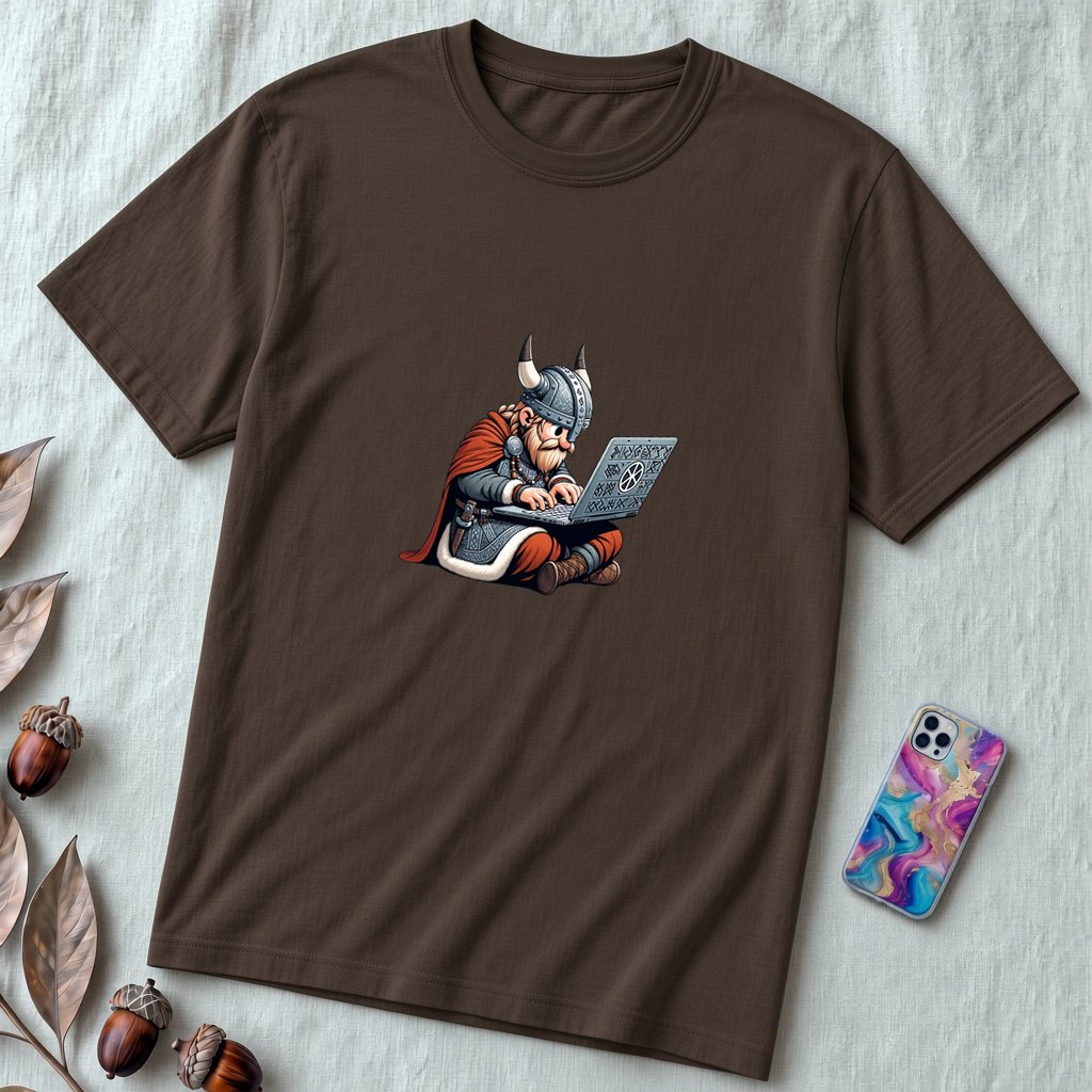 Unisex t-shirt coding Viking, Valhalla laptop tee - Brown unfolded t-shirt mockup