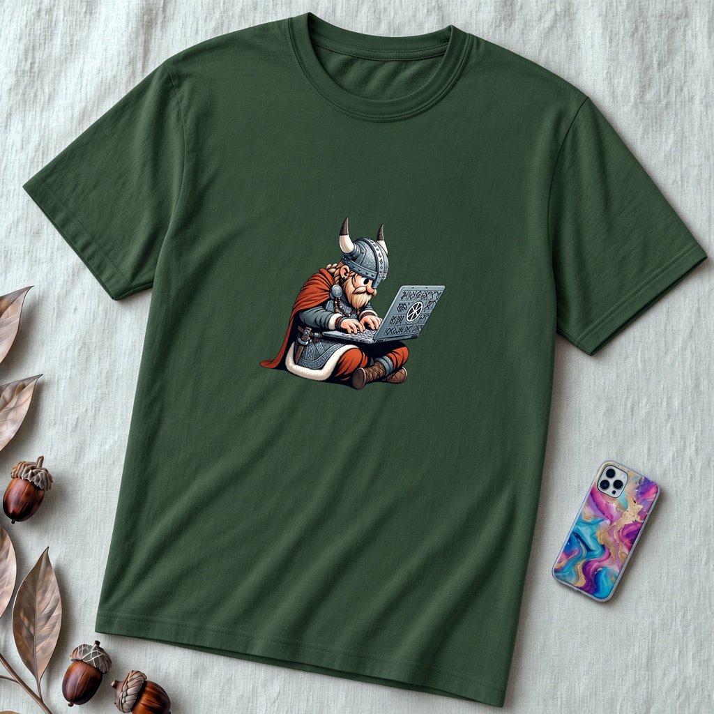 Unisex t-shirt coding Viking, Valhalla laptop tee - Forest unfolded t-shirt mockup