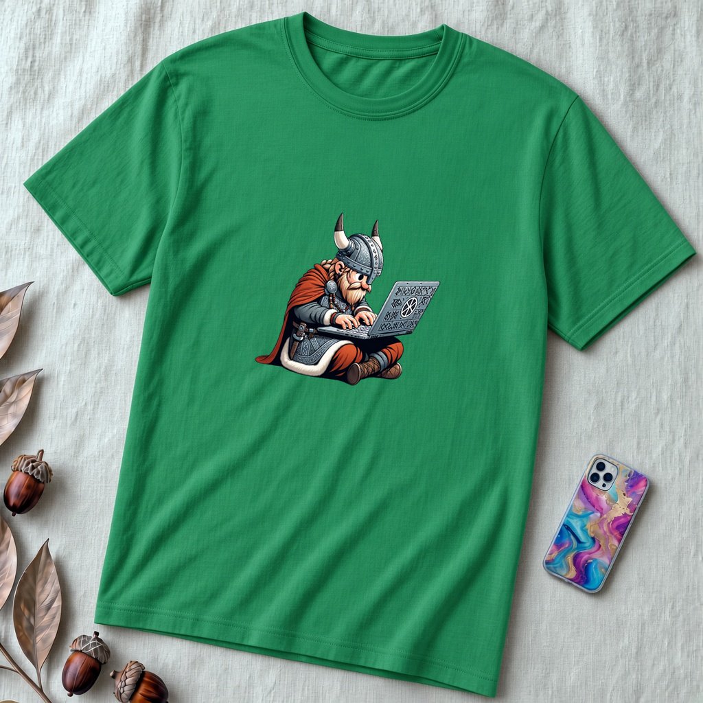 Unisex t-shirt coding Viking, Valhalla laptop tee - Kelly unfolded t-shirt mockup