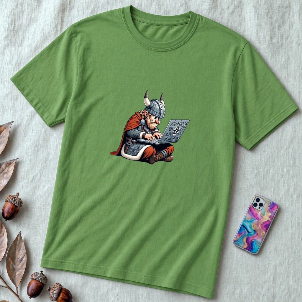 Unisex t-shirt coding Viking, Valhalla laptop tee - Leaf unfolded t-shirt mockup