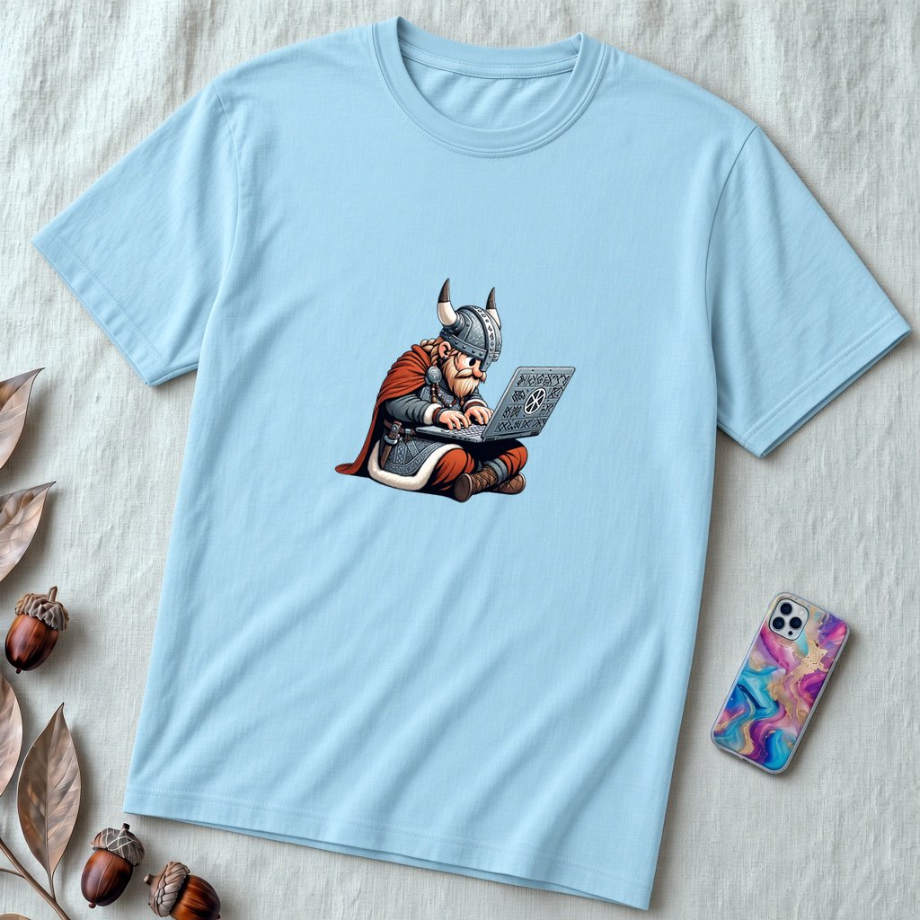 Unisex t-shirt coding Viking, Valhalla laptop tee - Ocean Blue unfolded t-shirt mockup