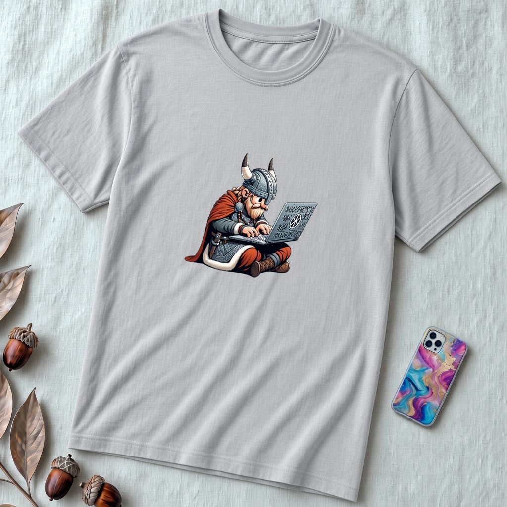 Unisex t-shirt coding Viking, Valhalla laptop tee - Silver unfolded t-shirt mockup