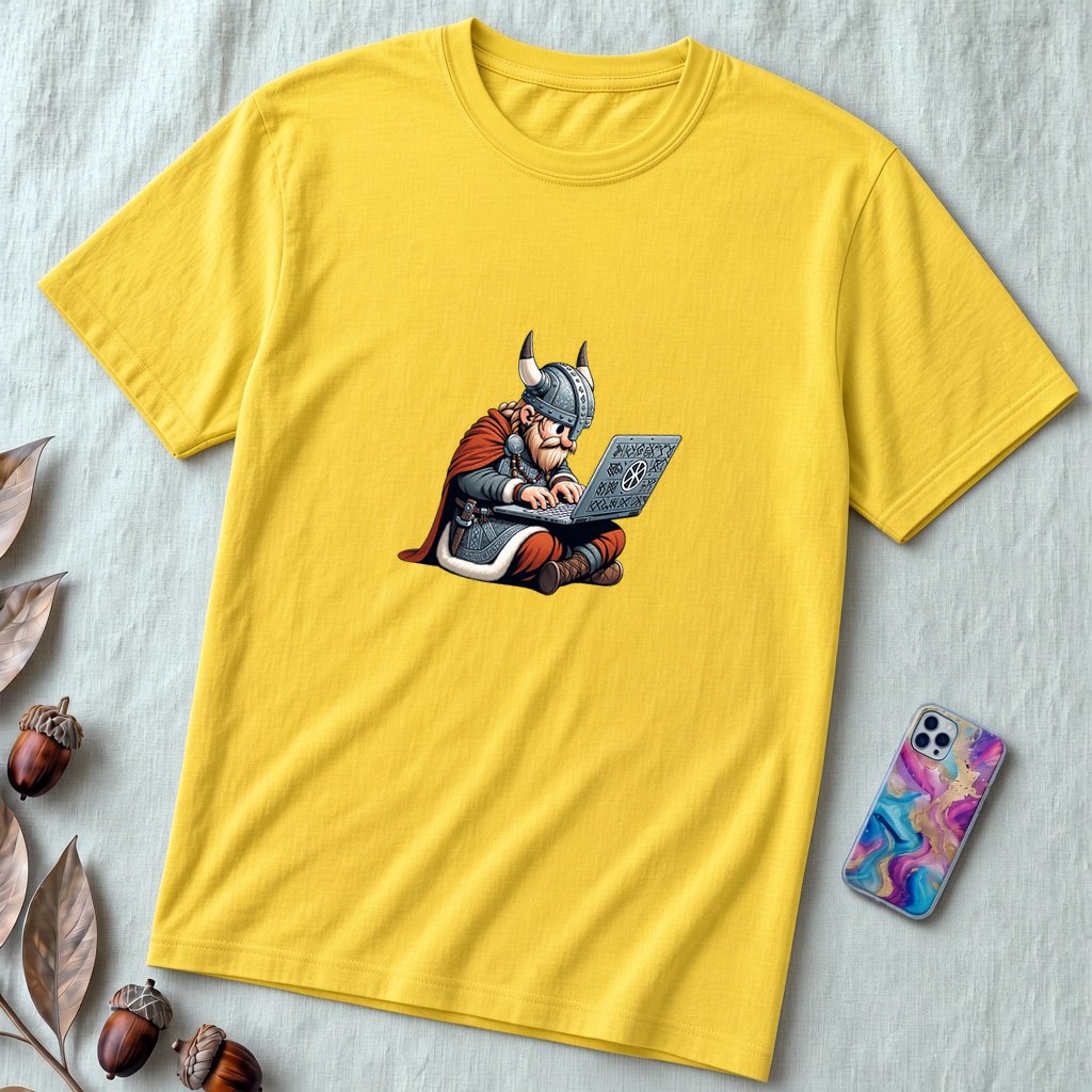 Unisex t-shirt coding Viking, Valhalla laptop tee - Yellow unfolded t-shirt mockup