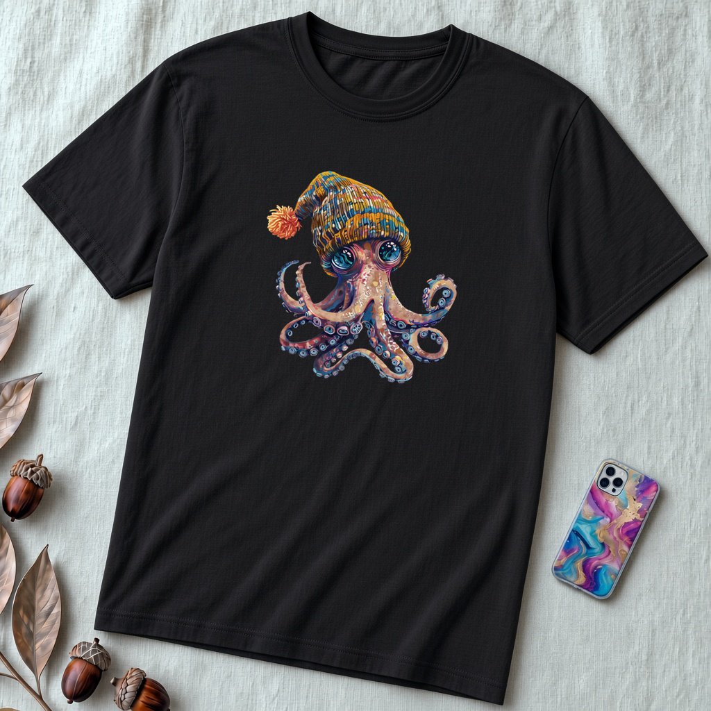 Unisex t-shirt coolest octopus - Black unfolded t-shirt mockup