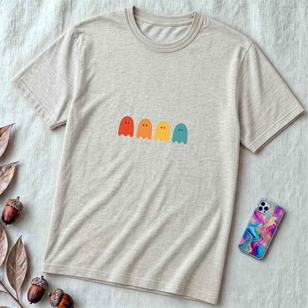 Unisex t-shirt "Ghostly Vibes: Minimalist Halloween Spirits" - Ash unfolded t-shirt mockup