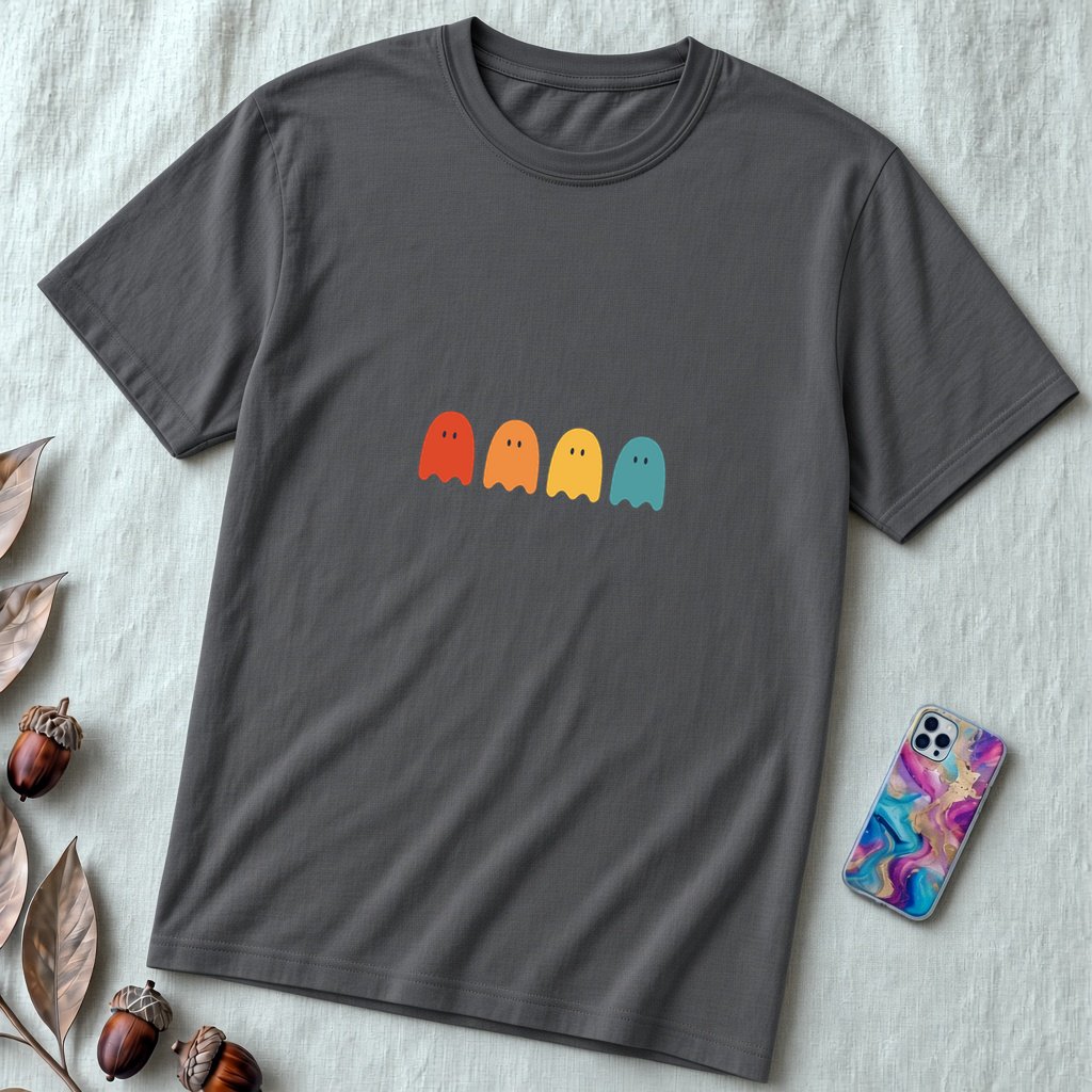 Unisex t-shirt "Ghostly Vibes: Minimalist Halloween Spirits" - Asphalt unfolded t-shirt mockup
