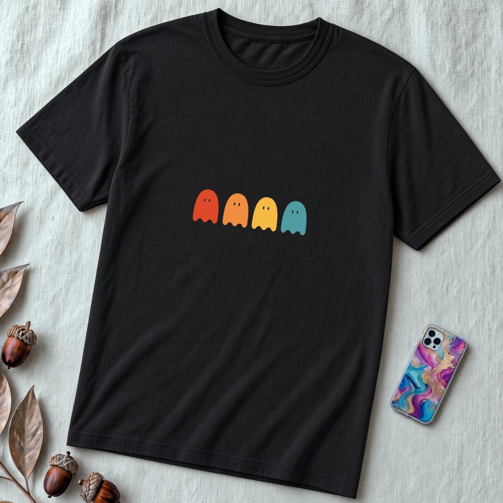 Unisex t-shirt "Ghostly Vibes: Minimalist Halloween Spirits" - Black unfolded t-shirt mockup