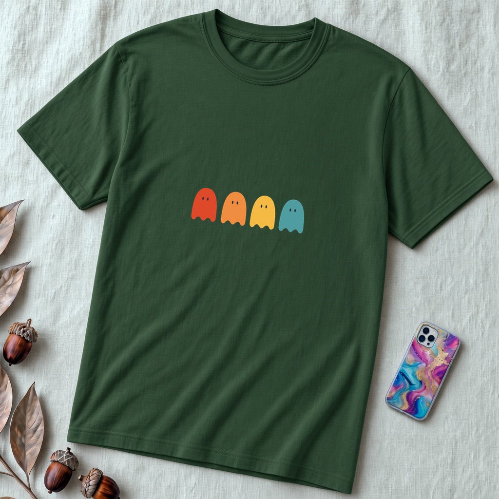 Unisex t-shirt "Ghostly Vibes: Minimalist Halloween Spirits" - Forest unfolded t-shirt mockup