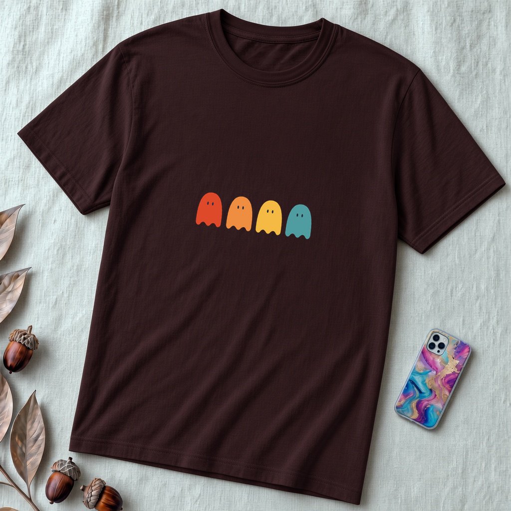 Unisex t-shirt "Ghostly Vibes: Minimalist Halloween Spirits" - Oxblood Black unfolded t-shirt mockup