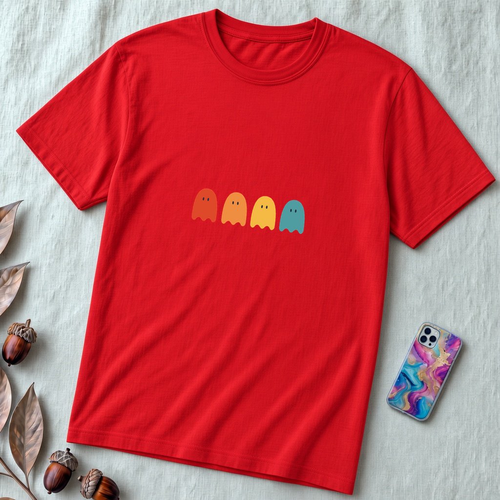 Unisex t-shirt "Ghostly Vibes: Minimalist Halloween Spirits" - Red unfolded t-shirt mockup