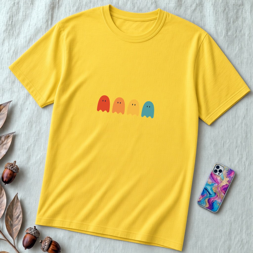 Unisex t-shirt "Ghostly Vibes: Minimalist Halloween Spirits" - Yellow unfolded t-shirt mockup