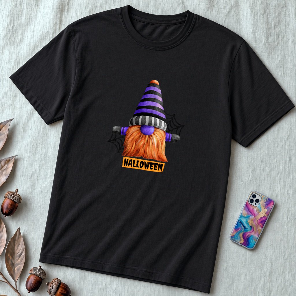 Unisex t-shirt "Gnome for Halloween" - Black unfolded t-shirt mockup
