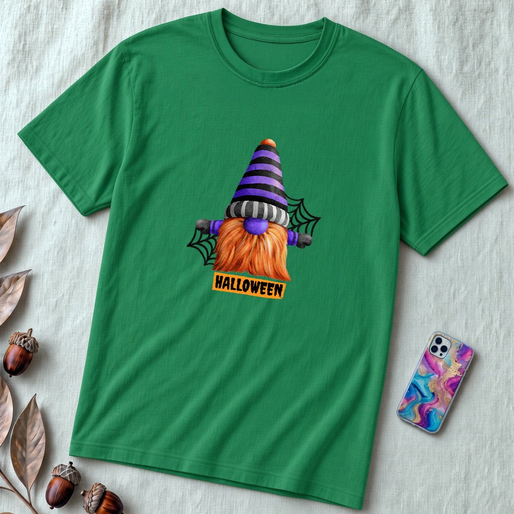 Unisex t-shirt "Gnome for Halloween" - Kelly unfolded t-shirt mockup