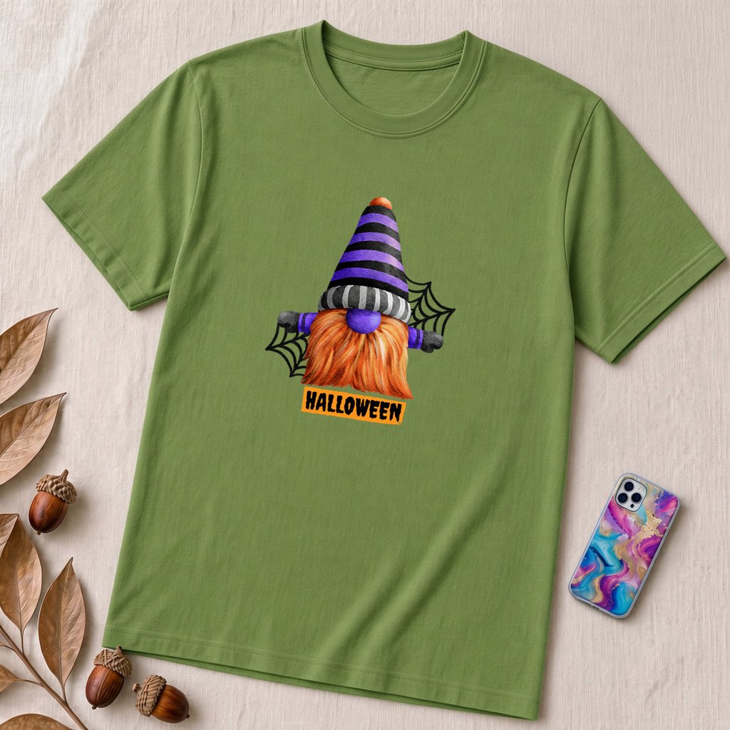 Unisex t-shirt "Gnome for Halloween" - Leaf unfolded t-shirt mockup