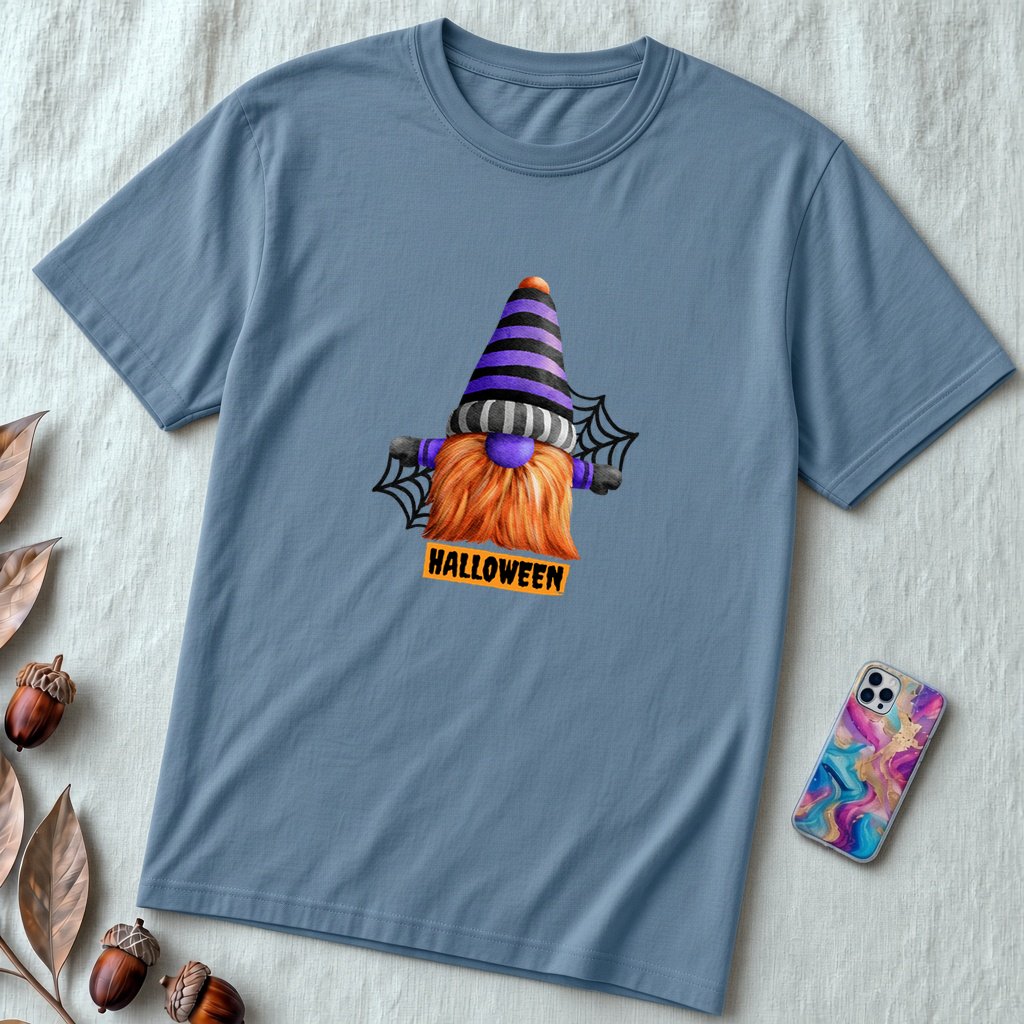 Unisex t-shirt "Gnome for Halloween" - Steel Blue unfolded t-shirt mockup