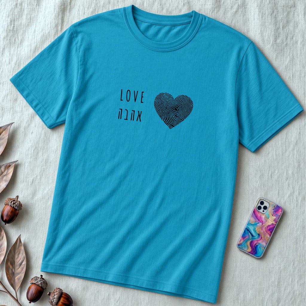 Unisex t-shirt Heart Love Shirt – Hebrew & English Tee for Valentine’s Day, Unique Couples Gift, אהבה - Aqua unfolded t-shirt mockup