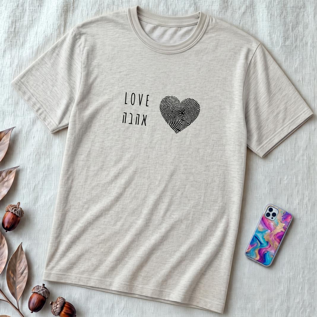 Unisex t-shirt Heart Love Shirt – Hebrew & English Tee for Valentine’s Day, Unique Couples Gift, אהבה - Ash unfolded t-shirt mockup