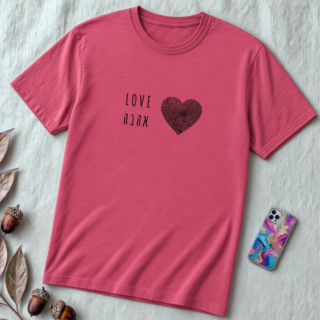 Unisex t-shirt Heart Love Shirt – Hebrew & English Tee for Valentine’s Day, Unique Couples Gift, אהבה - Heather Raspberry unfolded t-shirt mockup
