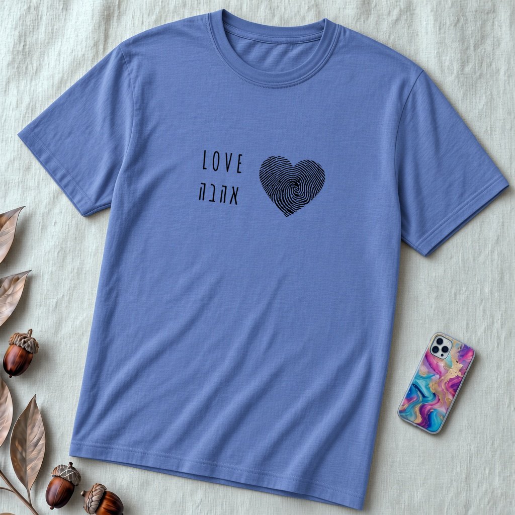 Unisex t-shirt Heart Love Shirt – Hebrew & English Tee for Valentine’s Day, Unique Couples Gift, אהבה - Heather True Royal unfolded t-shirt mockup