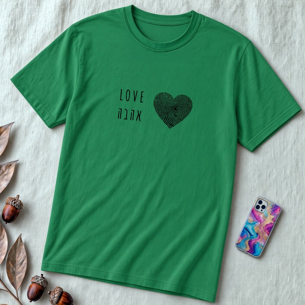 Unisex t-shirt Heart Love Shirt – Hebrew & English Tee for Valentine’s Day, Unique Couples Gift, אהבה - Kelly unfolded t-shirt mockup
