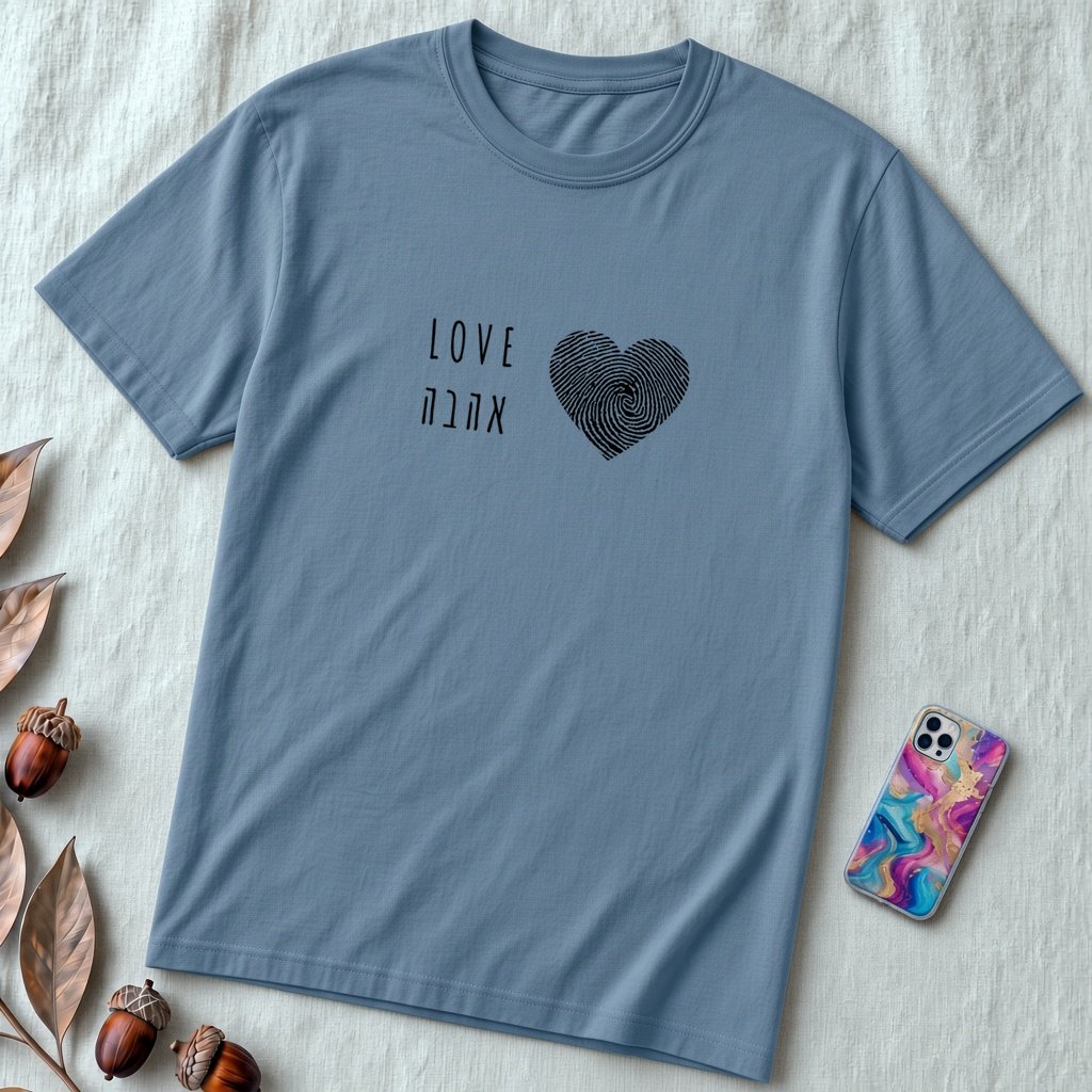 Unisex t-shirt Heart Love Shirt – Hebrew & English Tee for Valentine’s Day, Unique Couples Gift, אהבה - Steel Blue unfolded t-shirt mockup