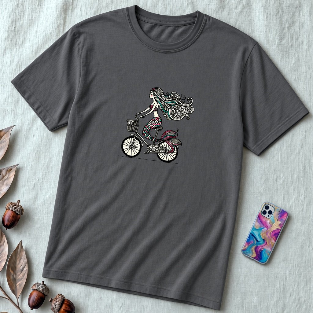 Unisex t-shirt "Mermaid on a bicycle" - Asphalt unfolded t-shirt mockup
