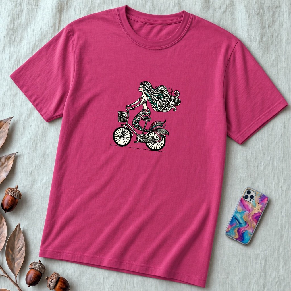 Unisex t-shirt "Mermaid on a bicycle" - Berry unfolded t-shirt mockup