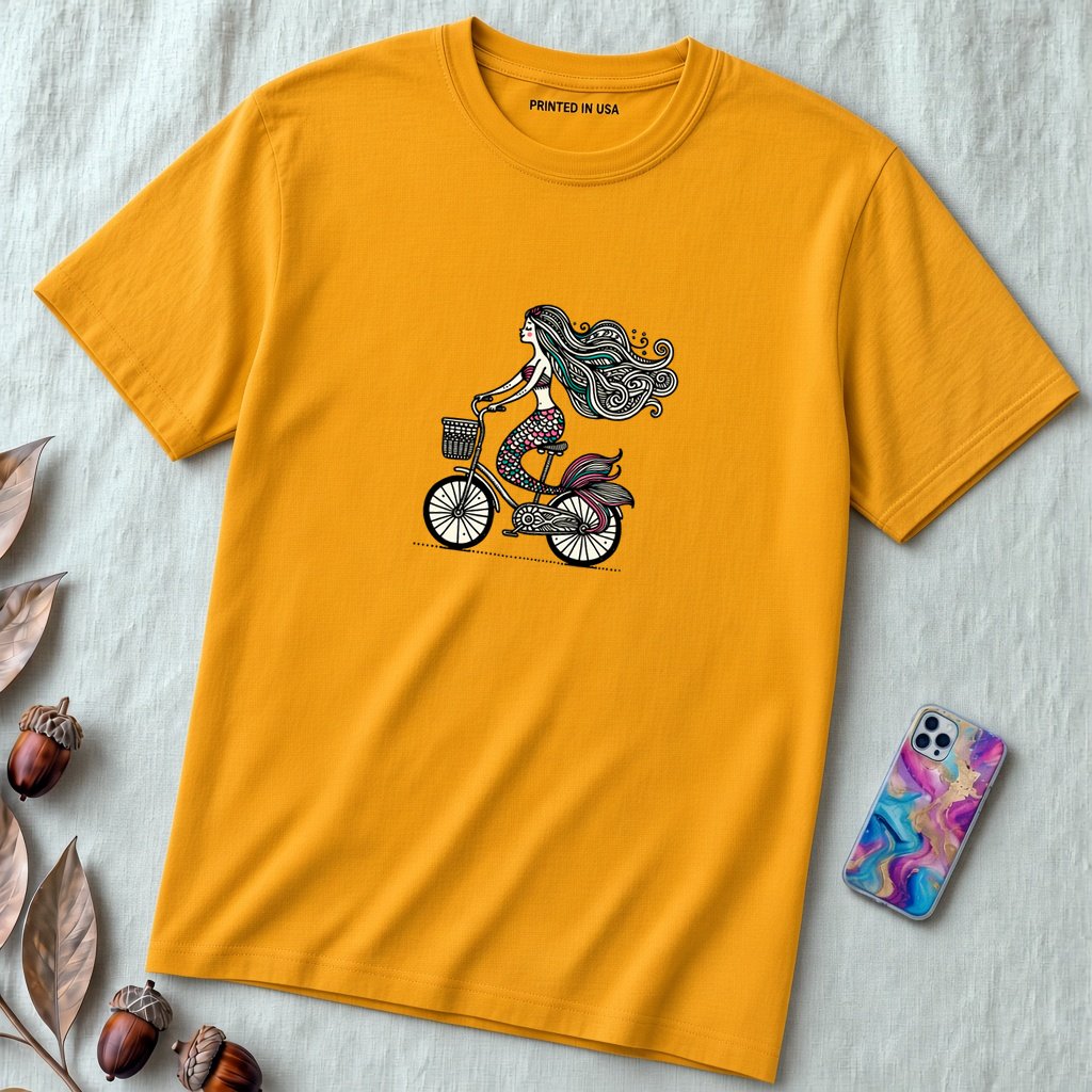 Unisex t-shirt "Mermaid on a bicycle" - Gold unfolded t-shirt mockup