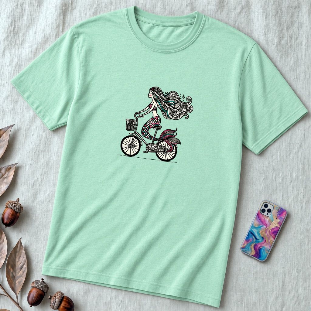 Unisex t-shirt "Mermaid on a bicycle" - Heather Mint unfolded t-shirt mockup
