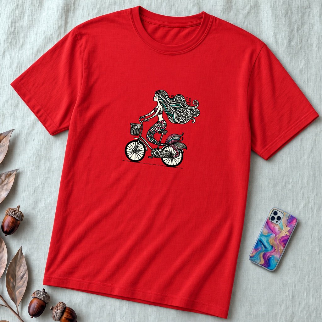 Unisex t-shirt "Mermaid on a bicycle" - Red unfolded t-shirt mockup
