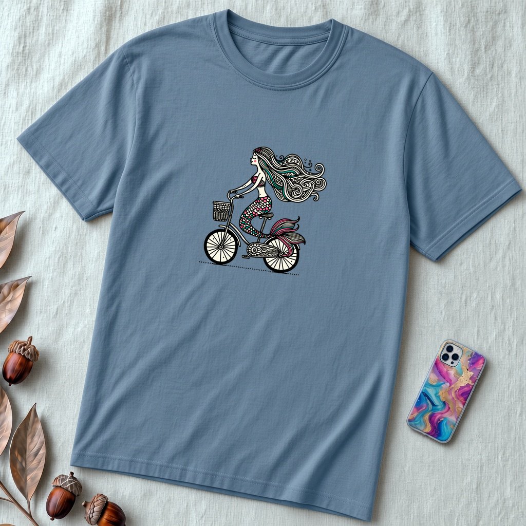Unisex t-shirt "Mermaid on a bicycle" - Steel Blue unfolded t-shirt mockup