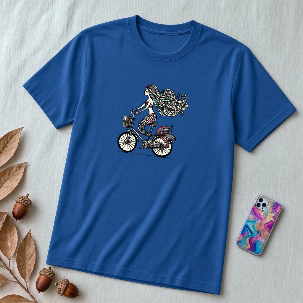 Unisex t-shirt "Mermaid on a bicycle" - True Royal unfolded t-shirt mockup