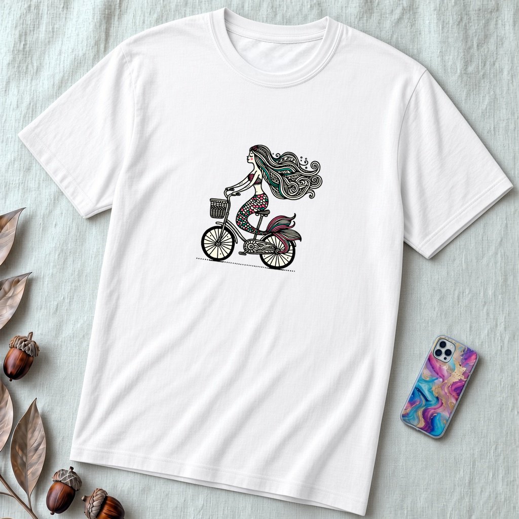 Unisex t-shirt "Mermaid on a bicycle" - White unfolded t-shirt mockup