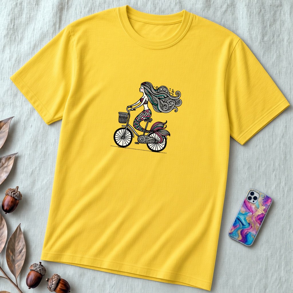Unisex t-shirt "Mermaid on a bicycle" - Yellow unfolded t-shirt mockup