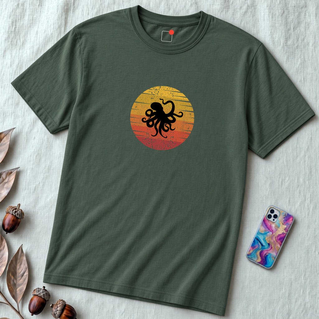 Unisex t-shirt Octopus Silhouette Sunset Colors - Marine Life Graphic Tee, Ocean Lover Shirt - Heather Forest unfolded t-shirt mockup