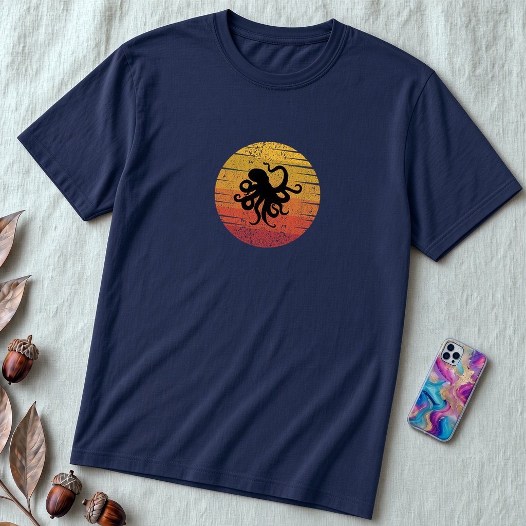 Unisex t-shirt Octopus Silhouette Sunset Colors - Marine Life Graphic Tee, Ocean Lover Shirt - Navy unfolded t-shirt mockup