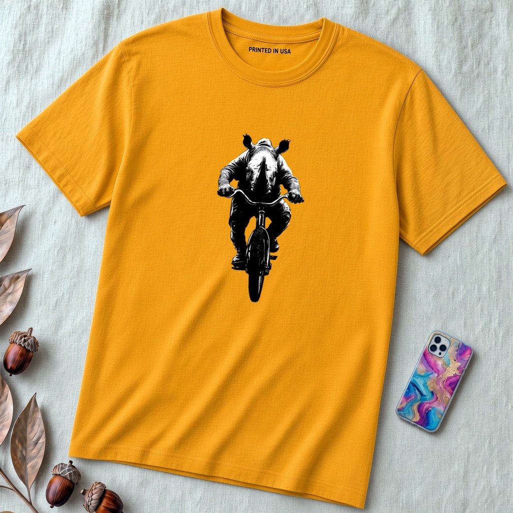 Unisex t-shirt "Pedal Like a Rhino" - Gold unfolded t-shirt mockup