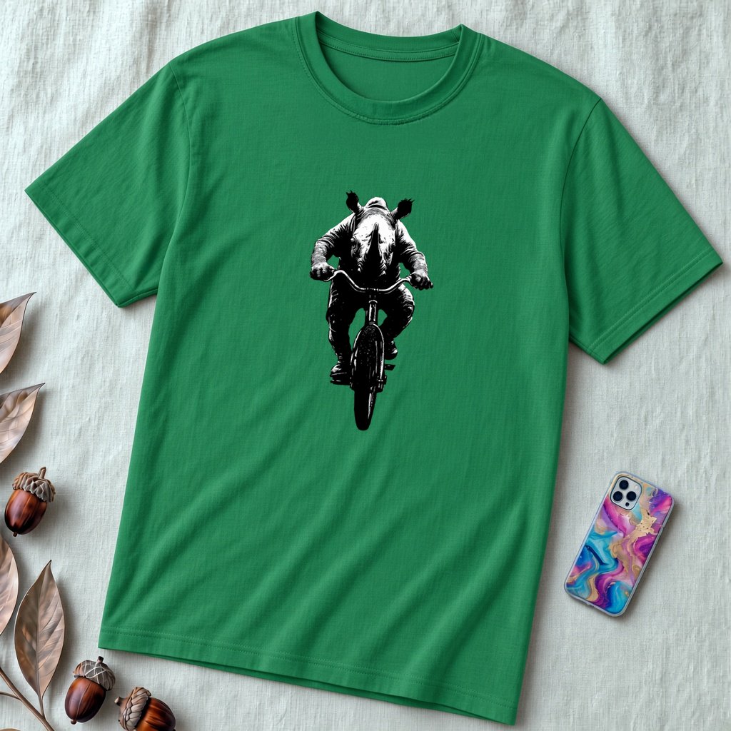 Unisex t-shirt "Pedal Like a Rhino" - Kelly unfolded t-shirt mockup