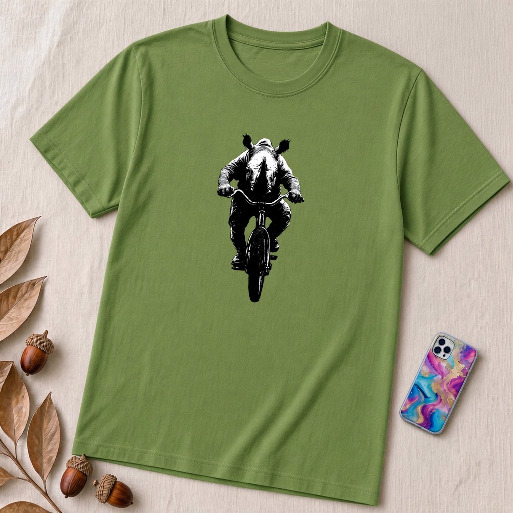 Unisex t-shirt "Pedal Like a Rhino" - Leaf unfolded t-shirt mockup