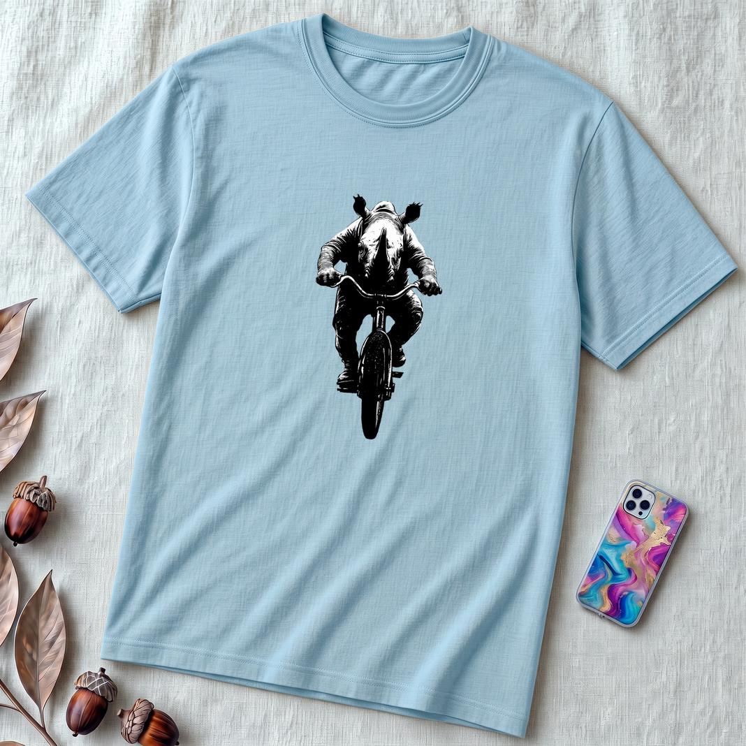 Unisex t-shirt "Pedal Like a Rhino" - Ocean Blue unfolded t-shirt mockup