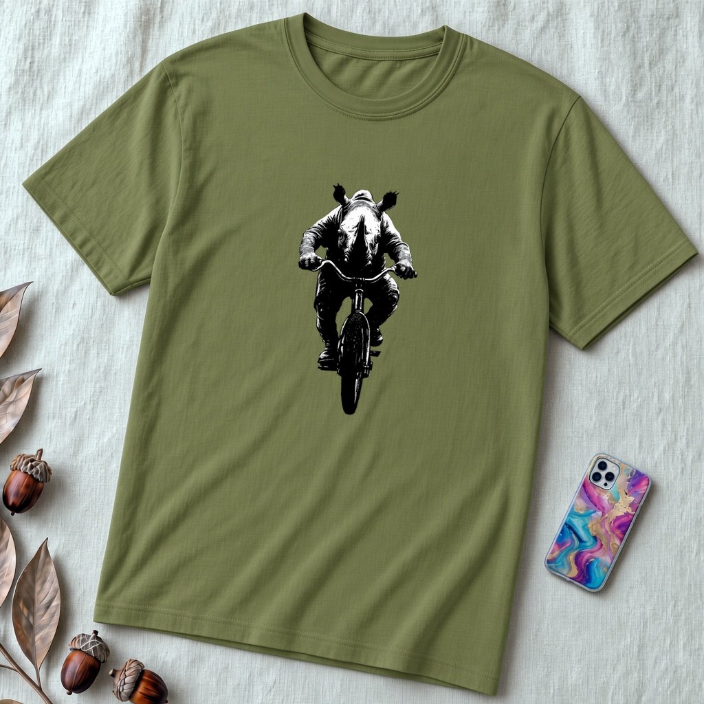 Unisex t-shirt "Pedal Like a Rhino" - Olive unfolded t-shirt mockup