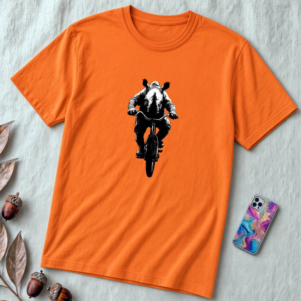 Unisex t-shirt "Pedal Like a Rhino" - Orange unfolded t-shirt mockup