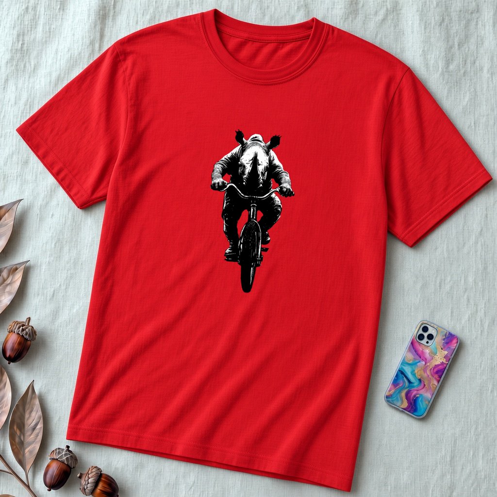 Unisex t-shirt "Pedal Like a Rhino" - Red unfolded t-shirt mockup