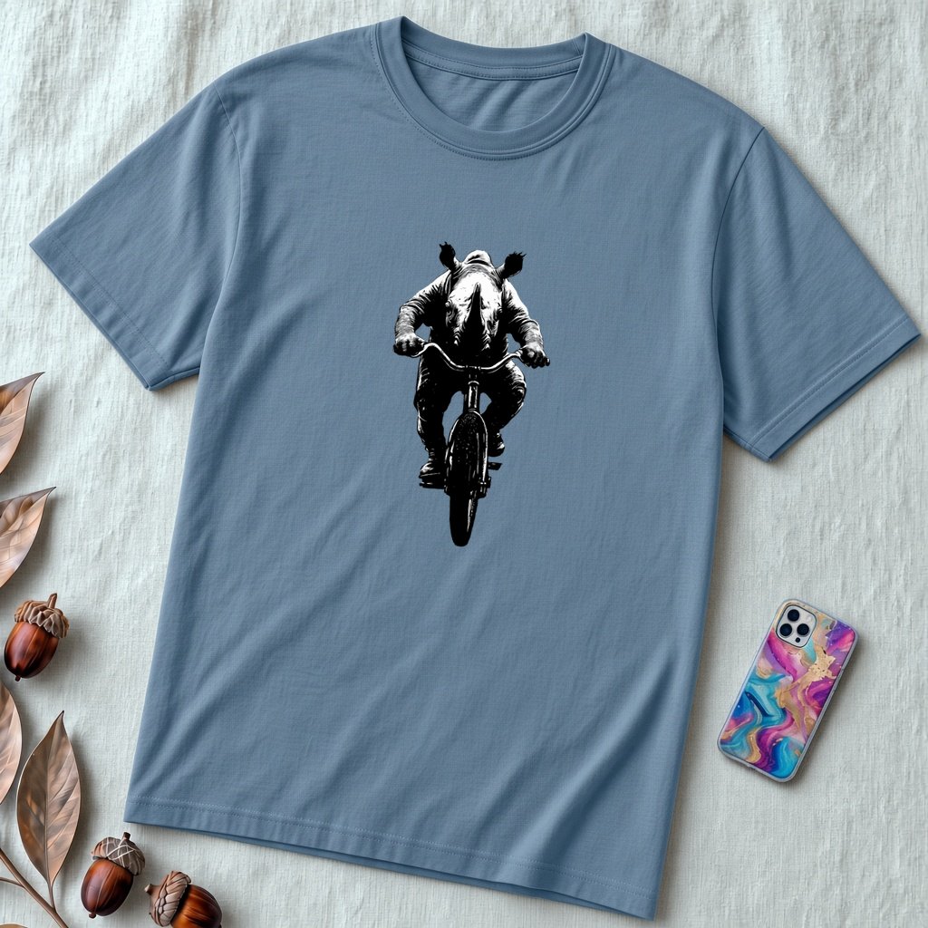 Unisex t-shirt "Pedal Like a Rhino" - Steel Blue unfolded t-shirt mockup