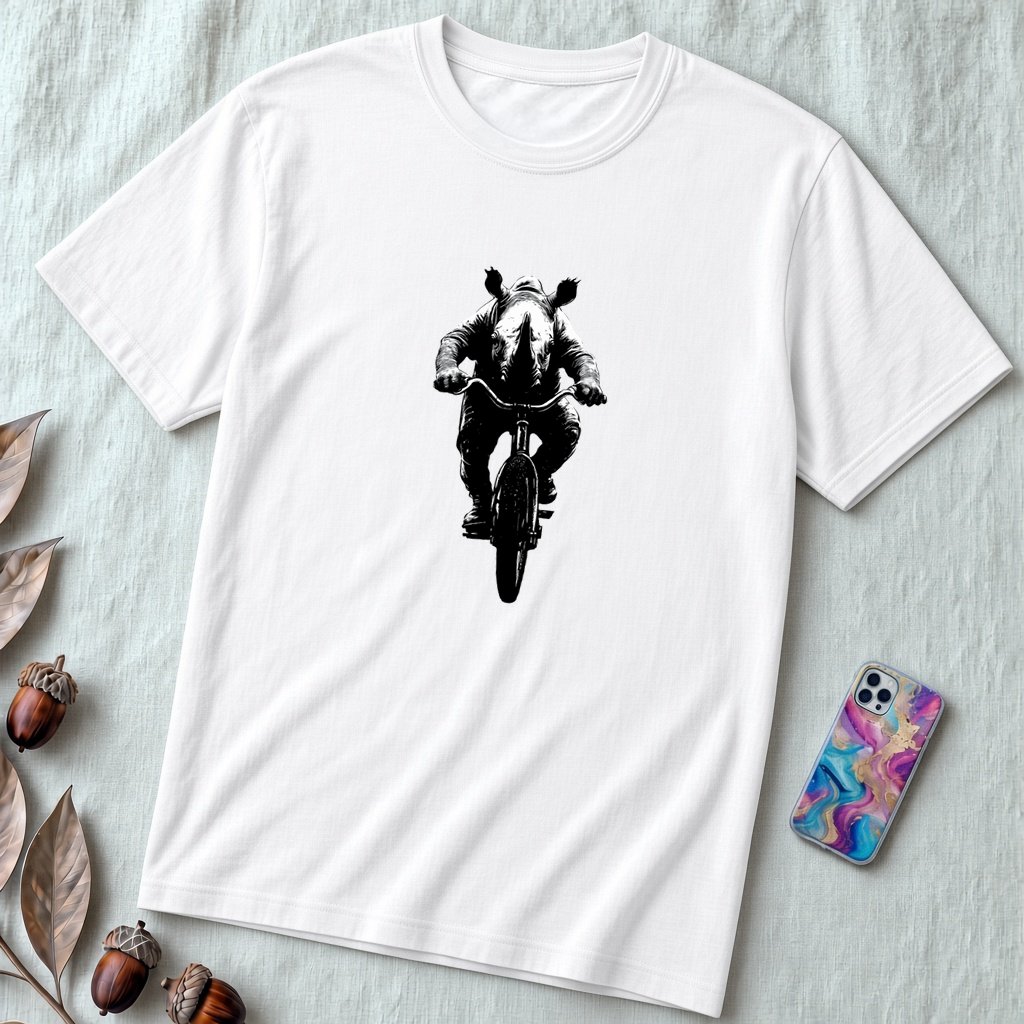Unisex t-shirt "Pedal Like a Rhino" - White unfolded t-shirt mockup