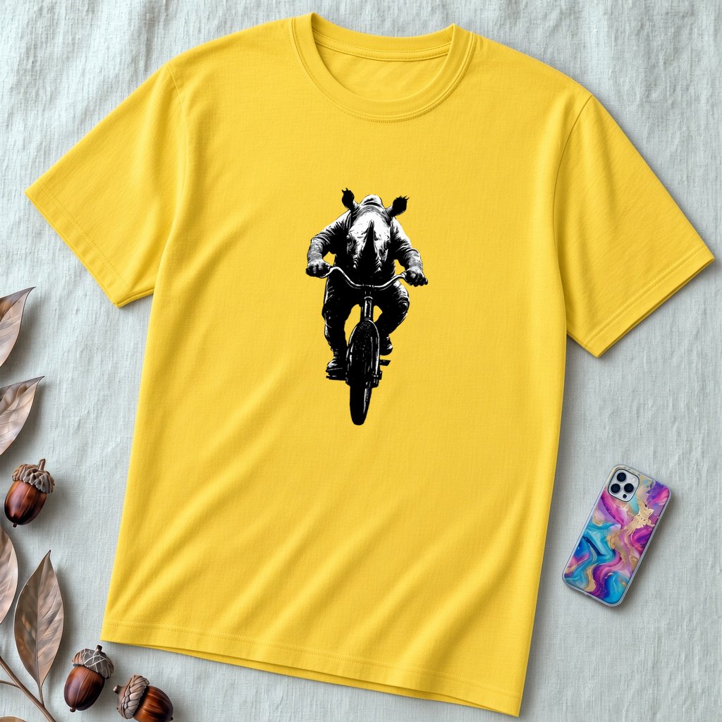 Unisex t-shirt "Pedal Like a Rhino" - Yellow unfolded t-shirt mockup
