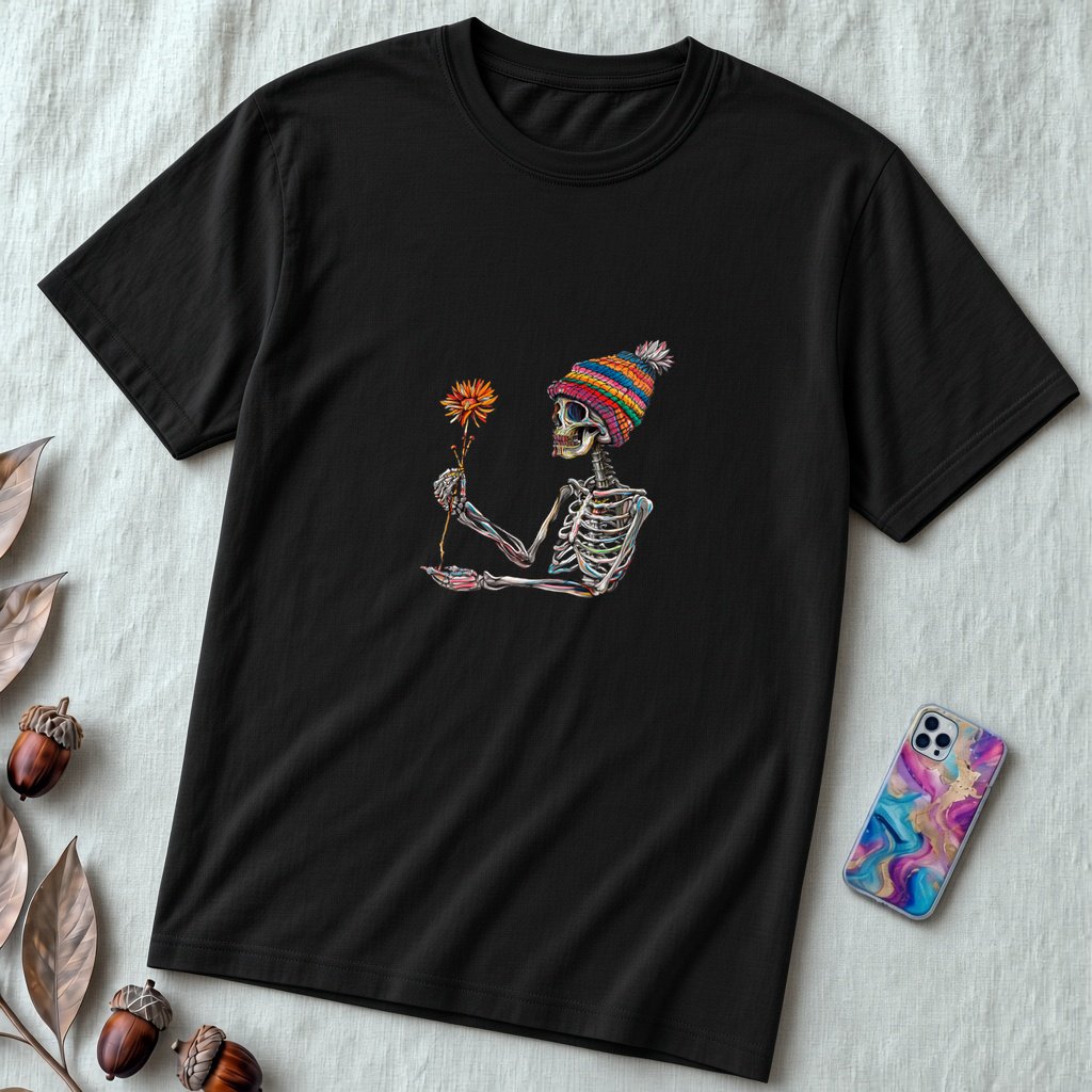Unisex t-shirt "Skeleton Flower Power" - Black unfolded t-shirt mockup