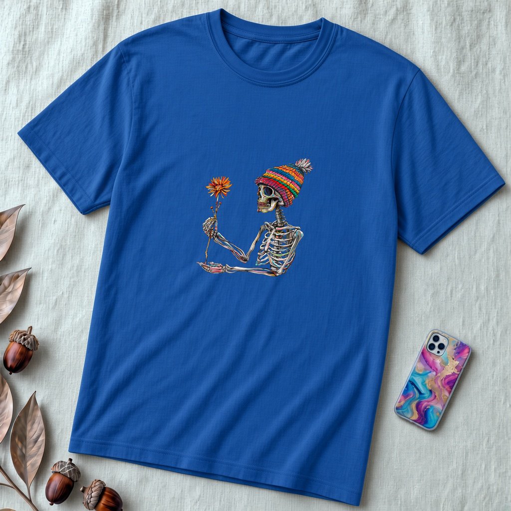 Unisex t-shirt "Skeleton Flower Power" - True Royal unfolded t-shirt mockup